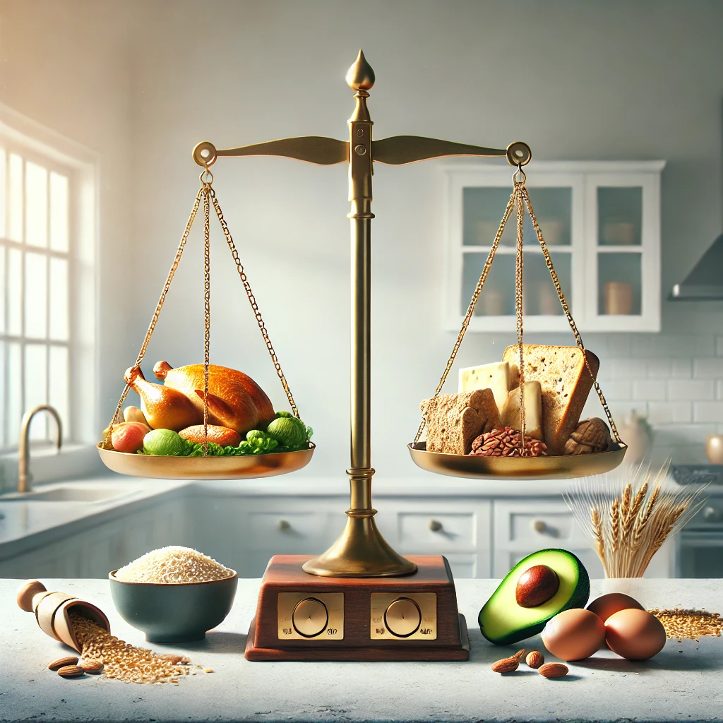 Balanced scale showing protein, healthy fats, and carbohydrates, representing the importance of macronutrient balance in a diet.