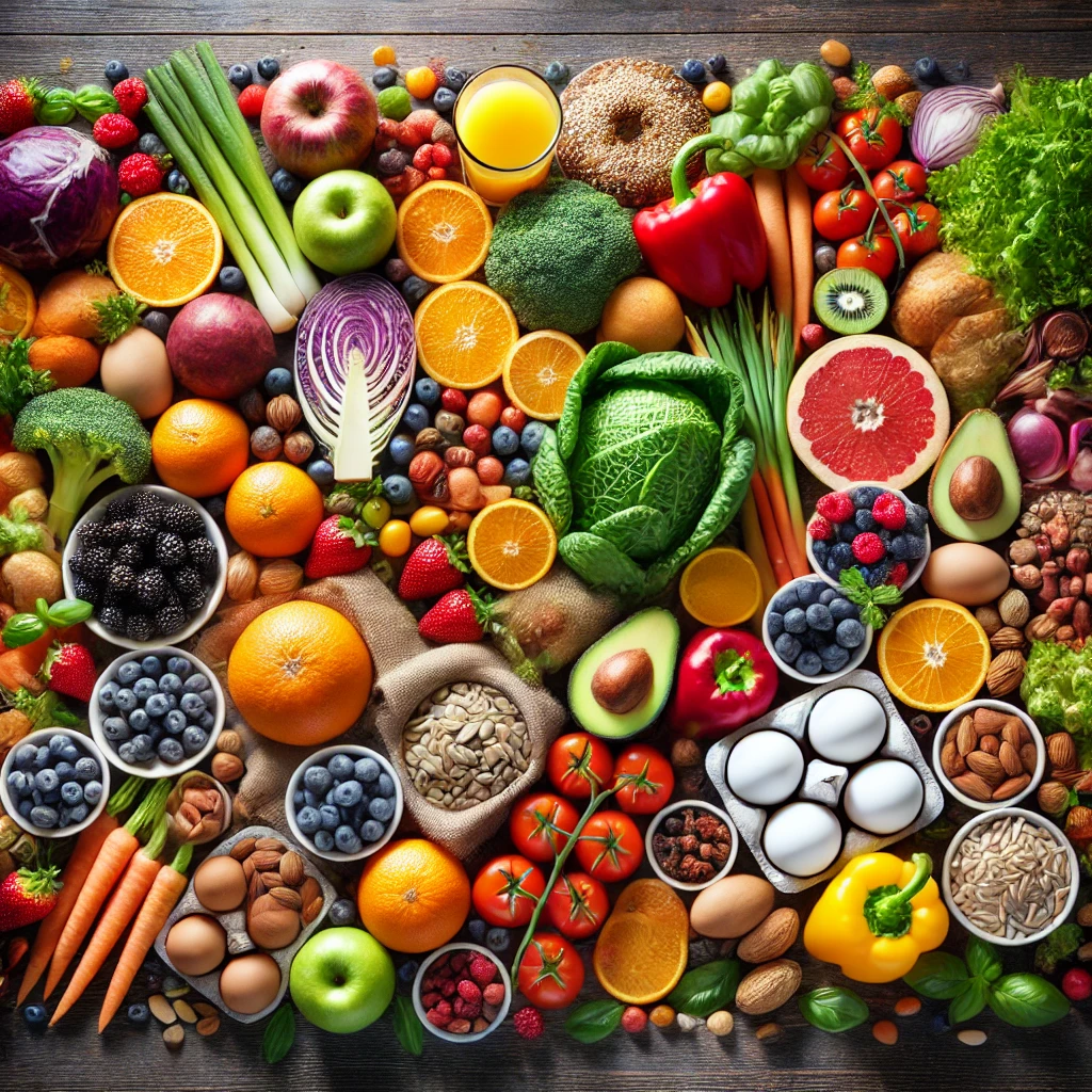 Colorful display of fruits, vegetables, nuts, and grains showcasing natural sources of essential vitamins and minerals for health benefits.