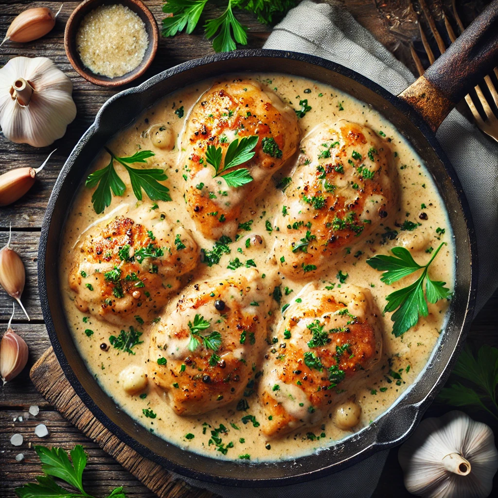 A skillet with creamy garlic chicken tenderloins.