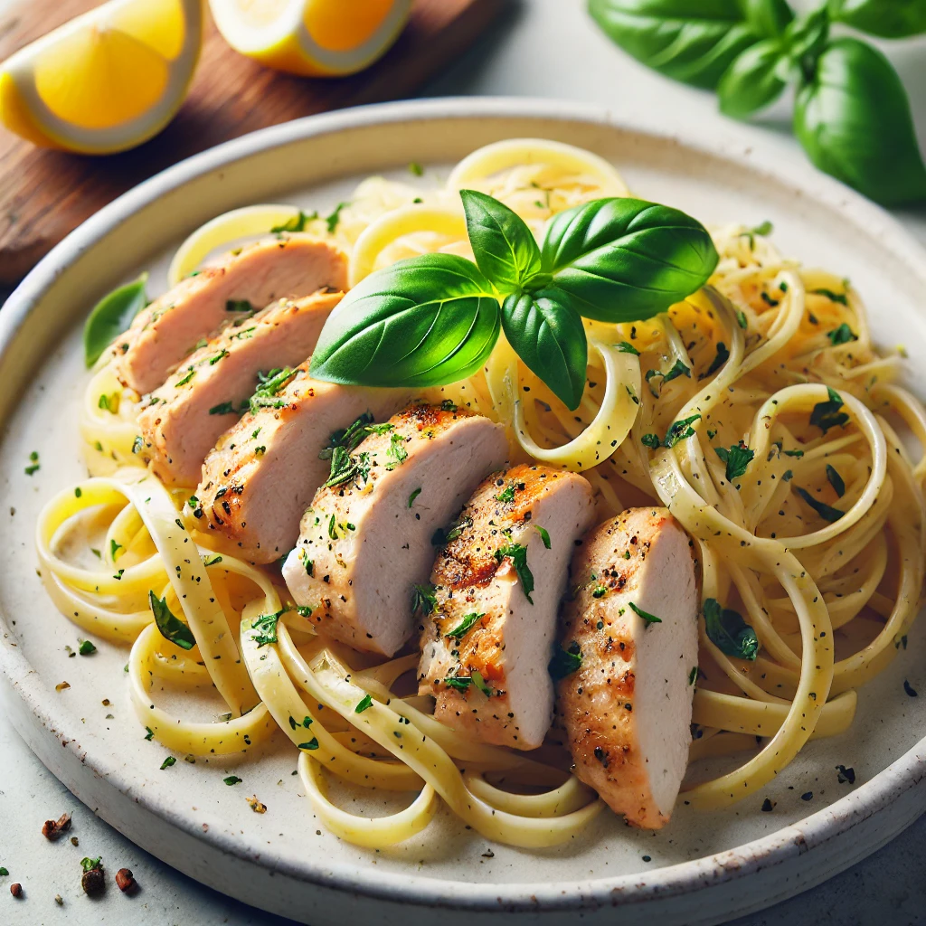 A serving of lemon herb chicken tenderloin pasta garnished with fresh basil.