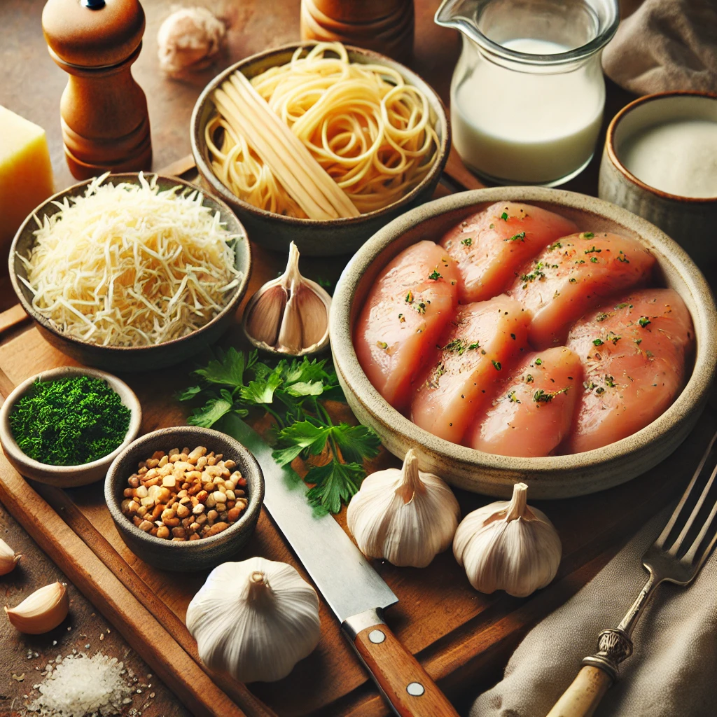 Prepped ingredients for chicken tenderloin pasta: marinated chicken, chopped garlic, parsley, Parmesan, and heavy cream.